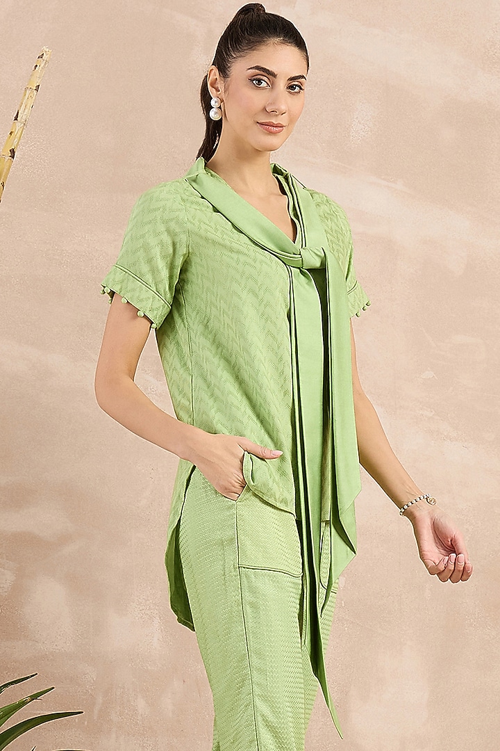 Mint Green Herringbone High-Low Top With Belt by First Resort by Ramola Bachchan at Pernia's Pop Up Shop