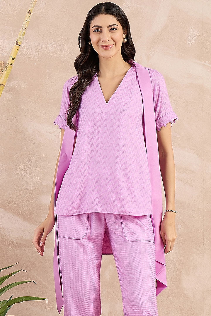 Purple Herringbone High-Low Top With Belt by First Resort by Ramola Bachchan at Pernia's Pop Up Shop
