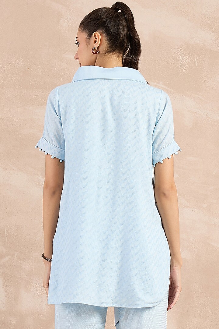 Sky Blue Herringbone High-Low Top With Belt by First Resort by Ramola Bachchan at Pernia's Pop Up Shop