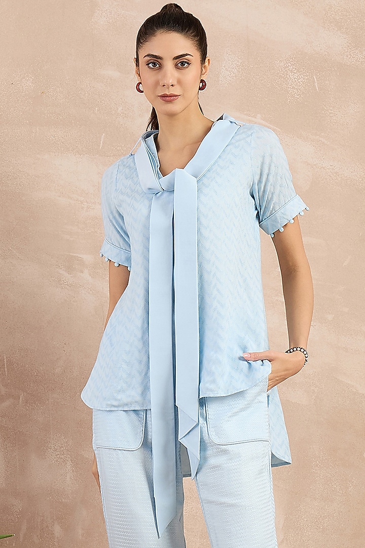 Sky Blue Herringbone High-Low Top With Belt by First Resort by Ramola Bachchan at Pernia's Pop Up Shop