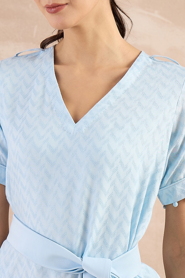Sky Blue Herringbone High-Low Top With Belt by First Resort by Ramola Bachchan at Pernia's Pop Up Shop