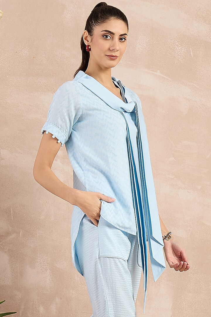 Sky Blue Herringbone High-Low Top With Belt by First Resort by Ramola Bachchan at Pernia's Pop Up Shop