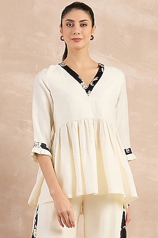 White Satin & Linen Printed Top by First Resort by Ramola Bachchan