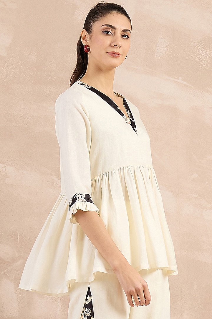 White Satin & Linen Printed Top by First Resort by Ramola Bachchan at Pernia's Pop Up Shop