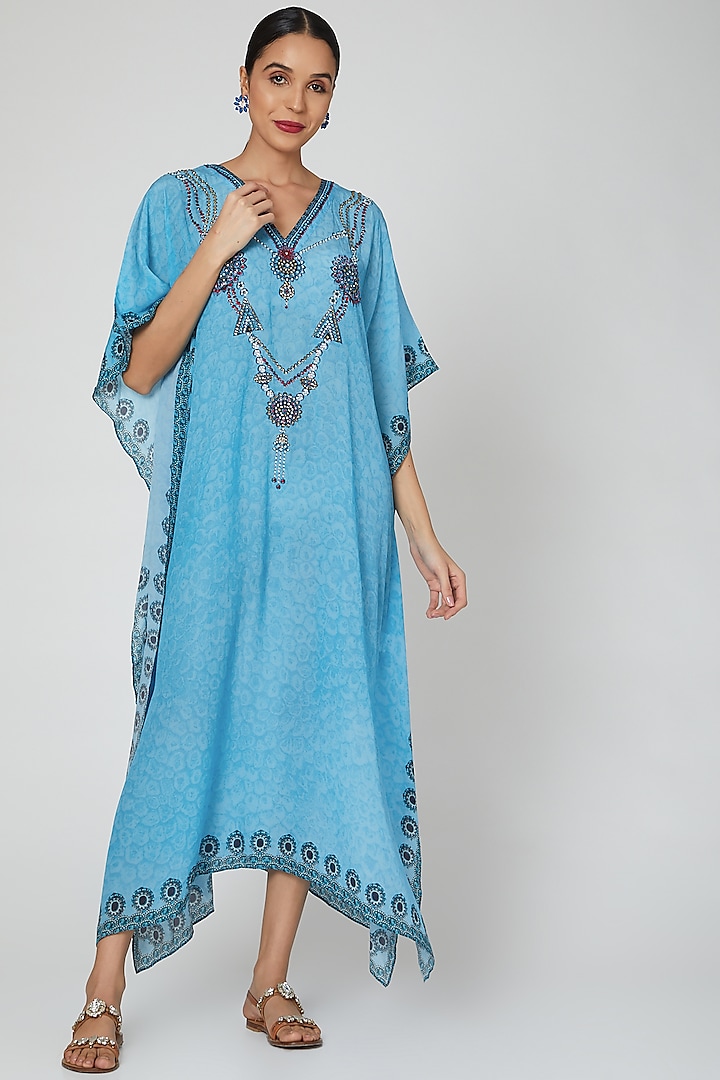 Sky Blue Embroidered Kaftan by First Resort by Ramola Bachchan