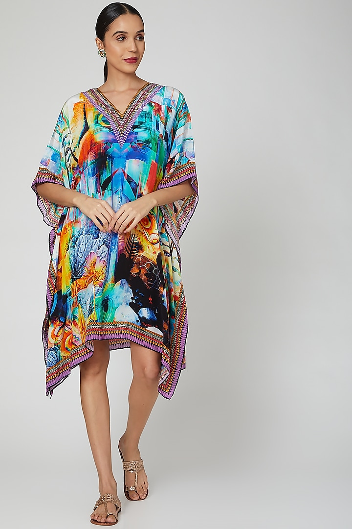 Sky Blue Abstract Printed Kaftan by First Resort by Ramola Bachchan