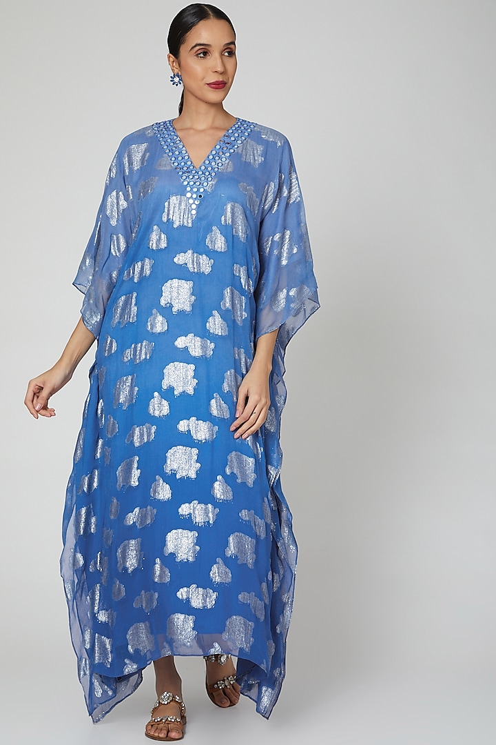 Cobalt Blue Mirror Embroidered Kaftan Design by First Resort by Ramola ...