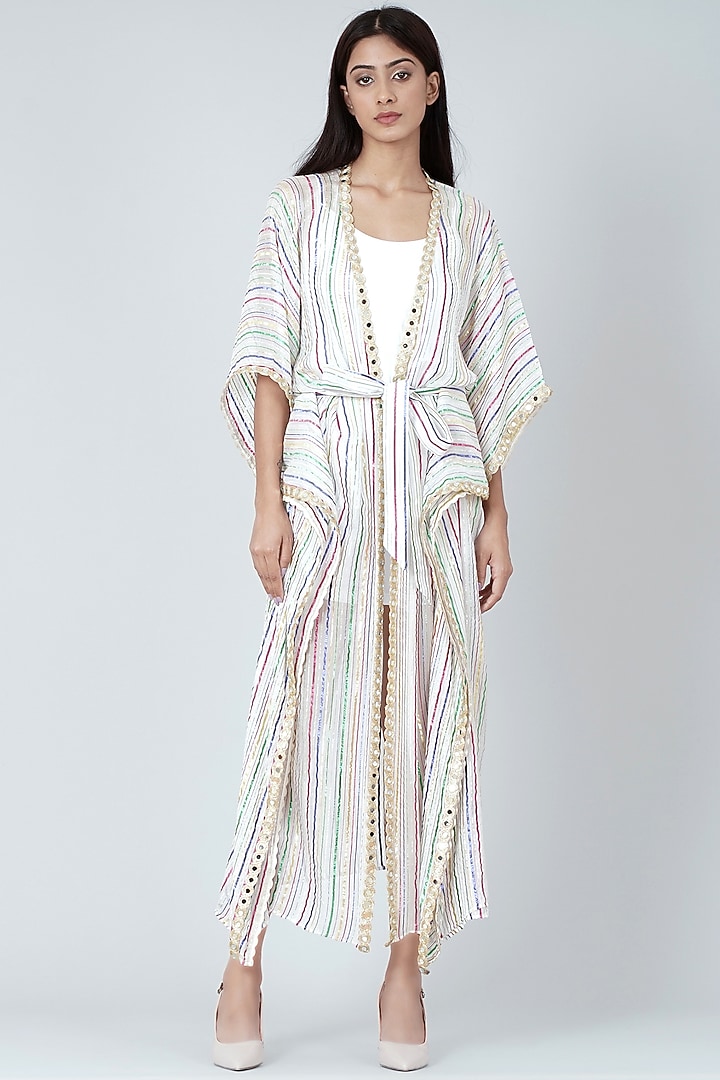 White & Gold Cover-Up With Mirror Lace Work by First Resort by Ramola Bachchan at Pernia's Pop Up Shop