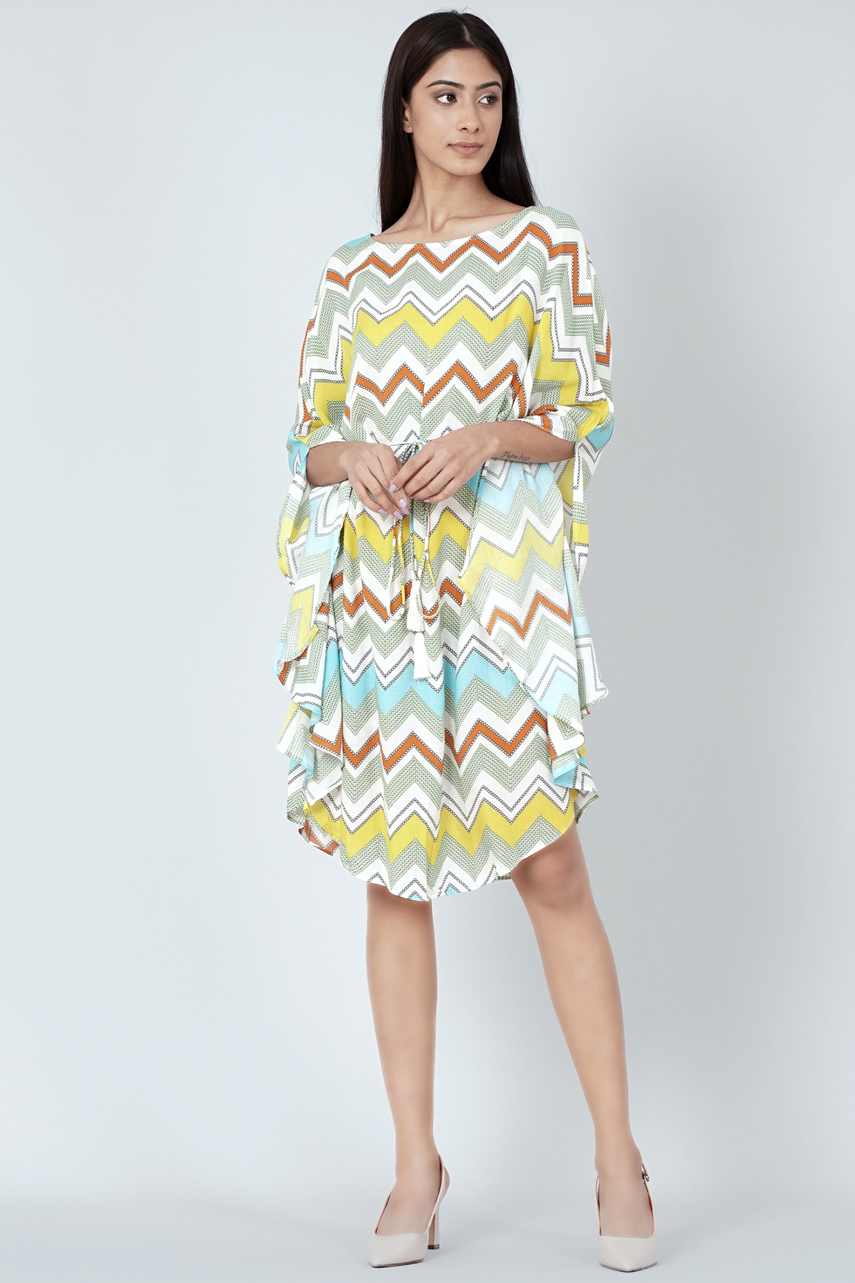 Multi-Colored Midi Summer Dress With Chevron Print by First Resort by Ramola Bachchan at Pernia's Pop Up Shop