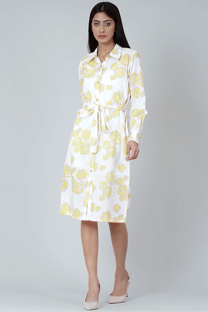 White & Yellow Embellished Shirt Dress by First Resort by Ramola Bachchan