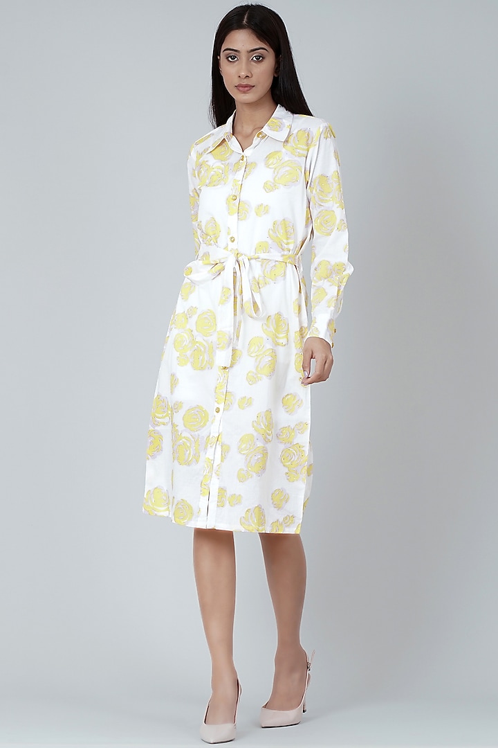 White & Yellow Embellished Shirt Dress by First Resort by Ramola Bachchan at Pernia's Pop Up Shop