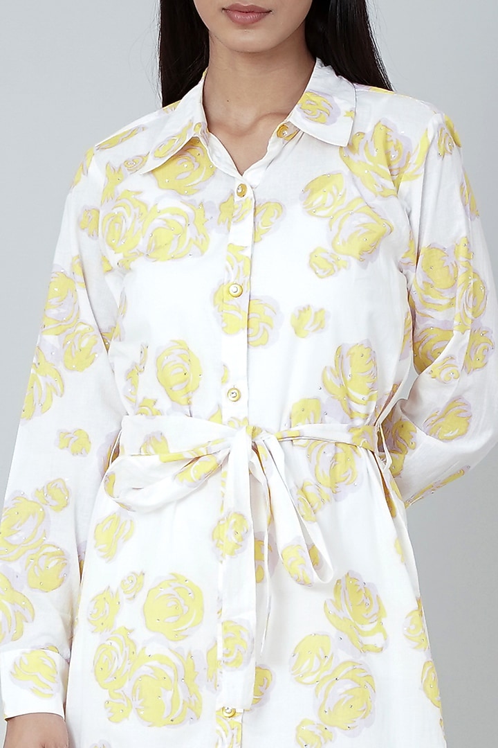 White & Yellow Embellished Summer Shirt Dress by First Resort by Ramola Bachchan at Pernia's Pop Up Shop