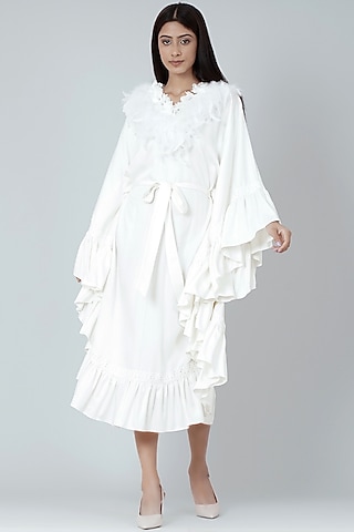 White Modal Satin Ruffled Maxi Dress by First Resort by Ramola Bachchan