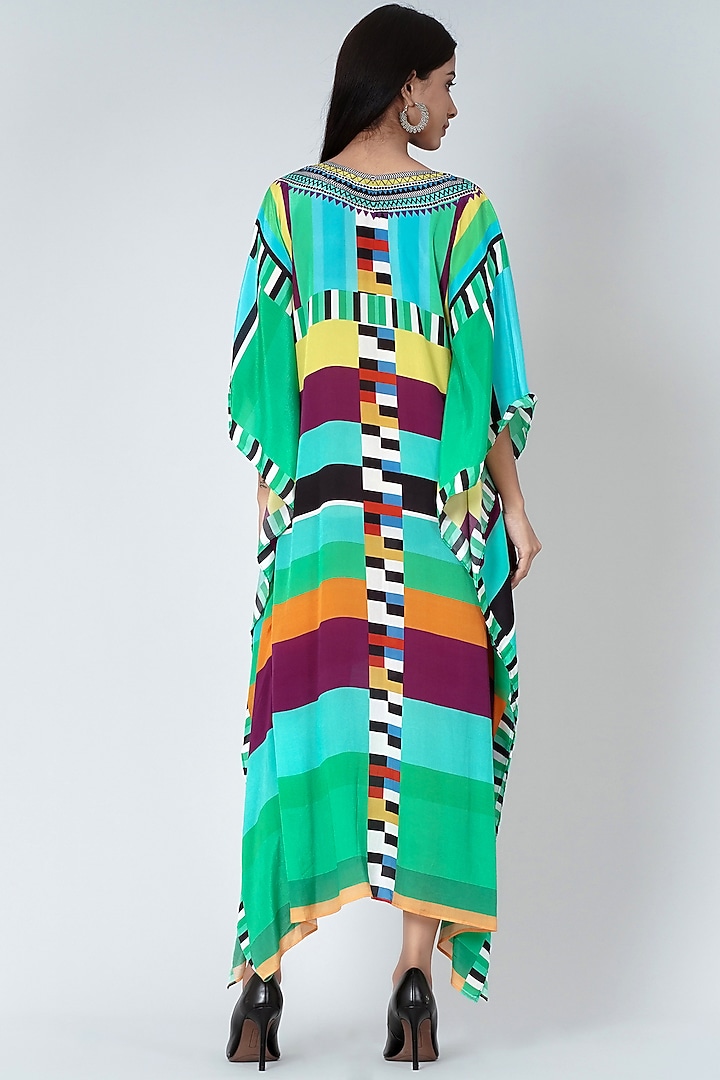 Turquoise Geometric Printed Kaftan by First Resort by Ramola Bachchan at Pernia's Pop Up Shop