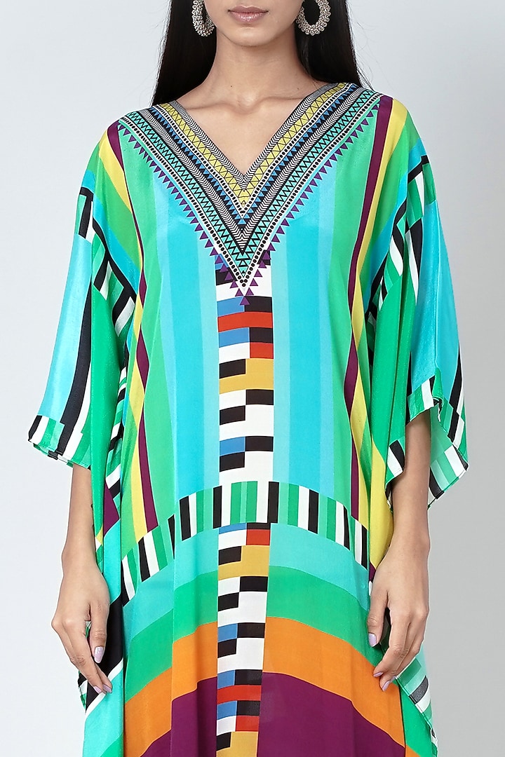 Turquoise Geometric Printed Kaftan by First Resort by Ramola Bachchan at Pernia's Pop Up Shop