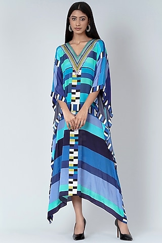 Turquoise & Cobalt Blue Geometric Printed Kaftan by First Resort by Ramola Bachchan