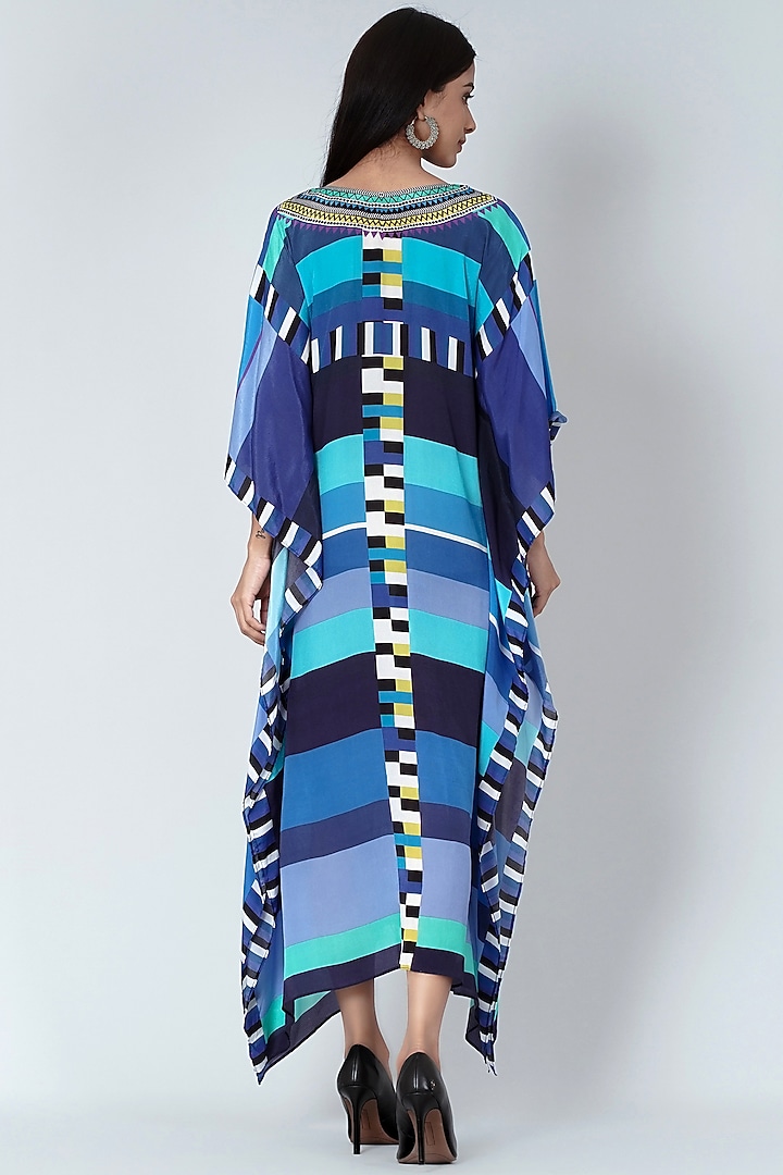 Turquoise & Cobalt Blue Geometric Printed Kaftan by First Resort by Ramola Bachchan at Pernia's Pop Up Shop