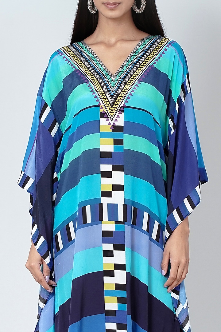 Turquoise & Cobalt Blue Geometric Printed Kaftan by First Resort by Ramola Bachchan at Pernia's Pop Up Shop