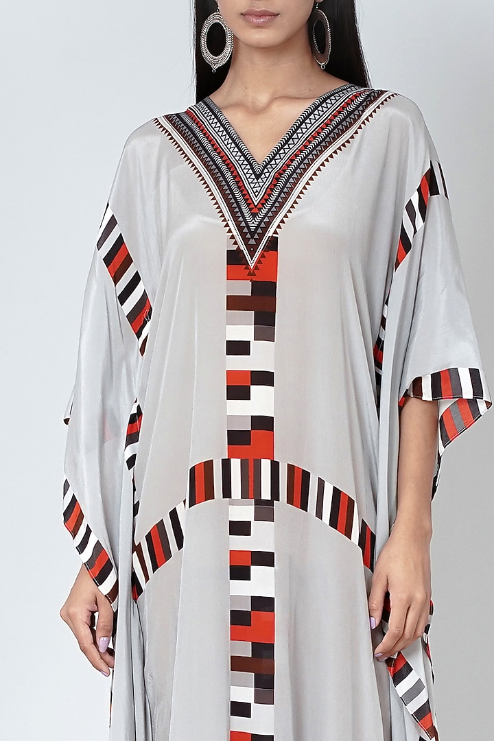 Grey & Black Geometric Printed Kaftan by First Resort by Ramola Bachchan at Pernia's Pop Up Shop