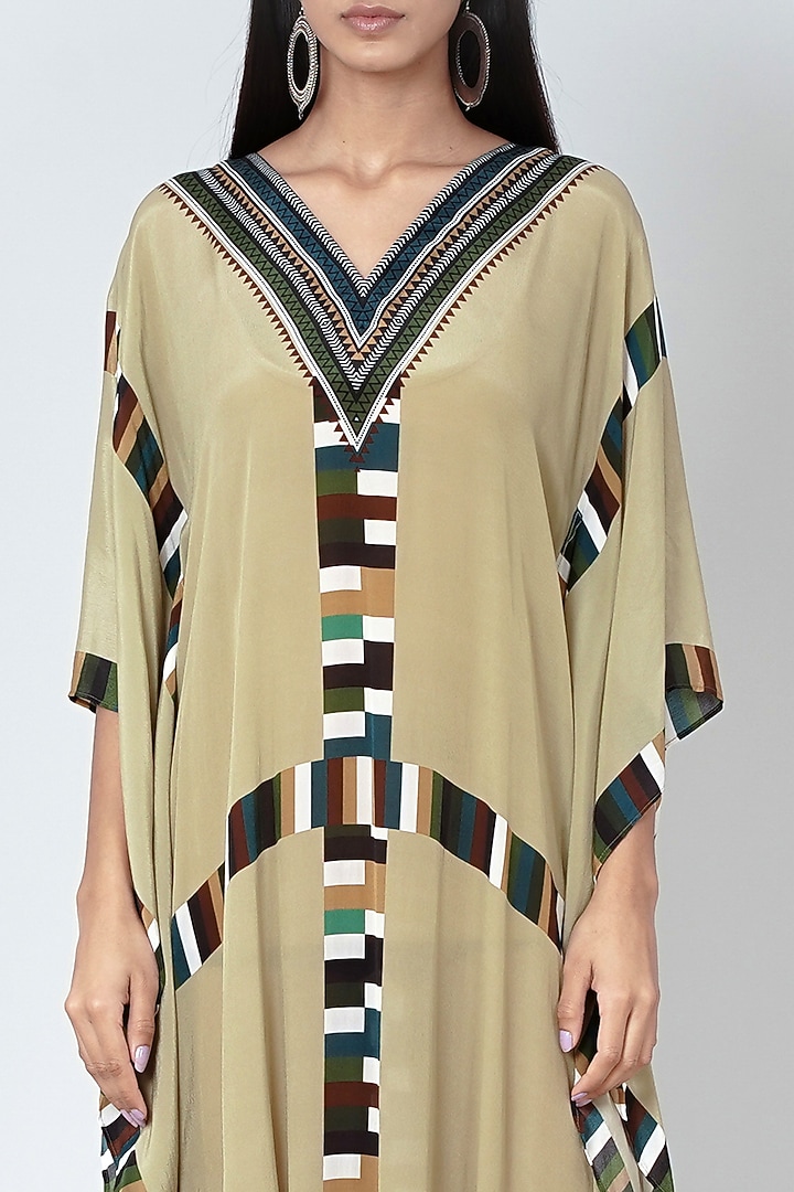 Olive Green & Black Geometric Printed Kaftan by First Resort by Ramola Bachchan at Pernia's Pop Up Shop