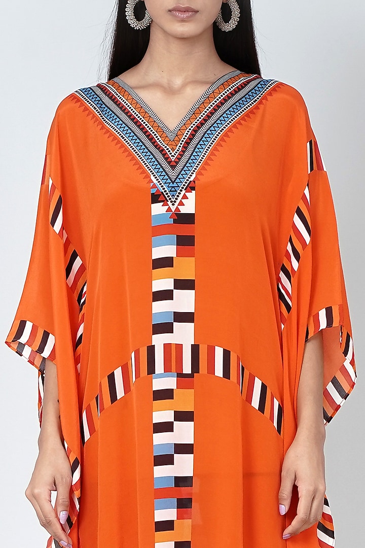 Orange & White Geometric Printed Kaftan by First Resort by Ramola Bachchan at Pernia's Pop Up Shop
