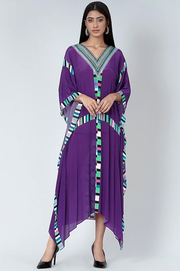 Purple & Turquoise Geometric Printed Kaftan by First Resort by Ramola Bachchan