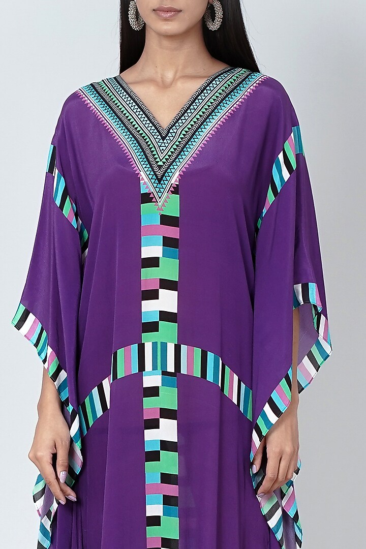 Purple & Turquoise Geometric Printed Kaftan by First Resort by Ramola Bachchan at Pernia's Pop Up Shop