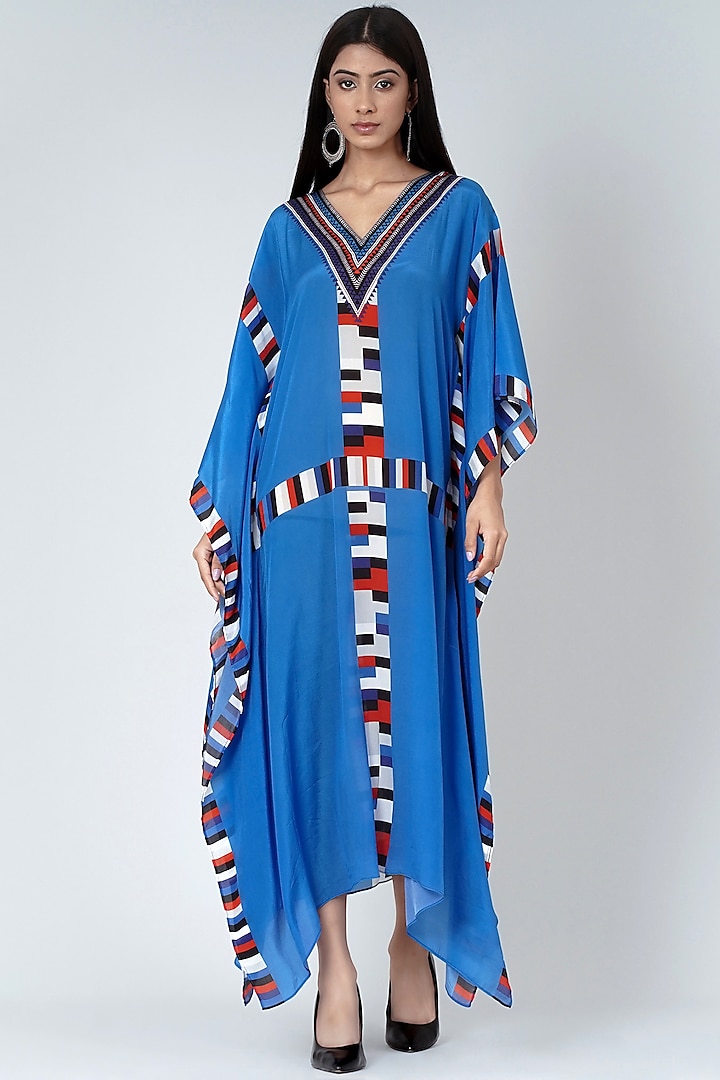 Sky Blue & Red Geometric Printed Kaftan by First Resort by Ramola Bachchan