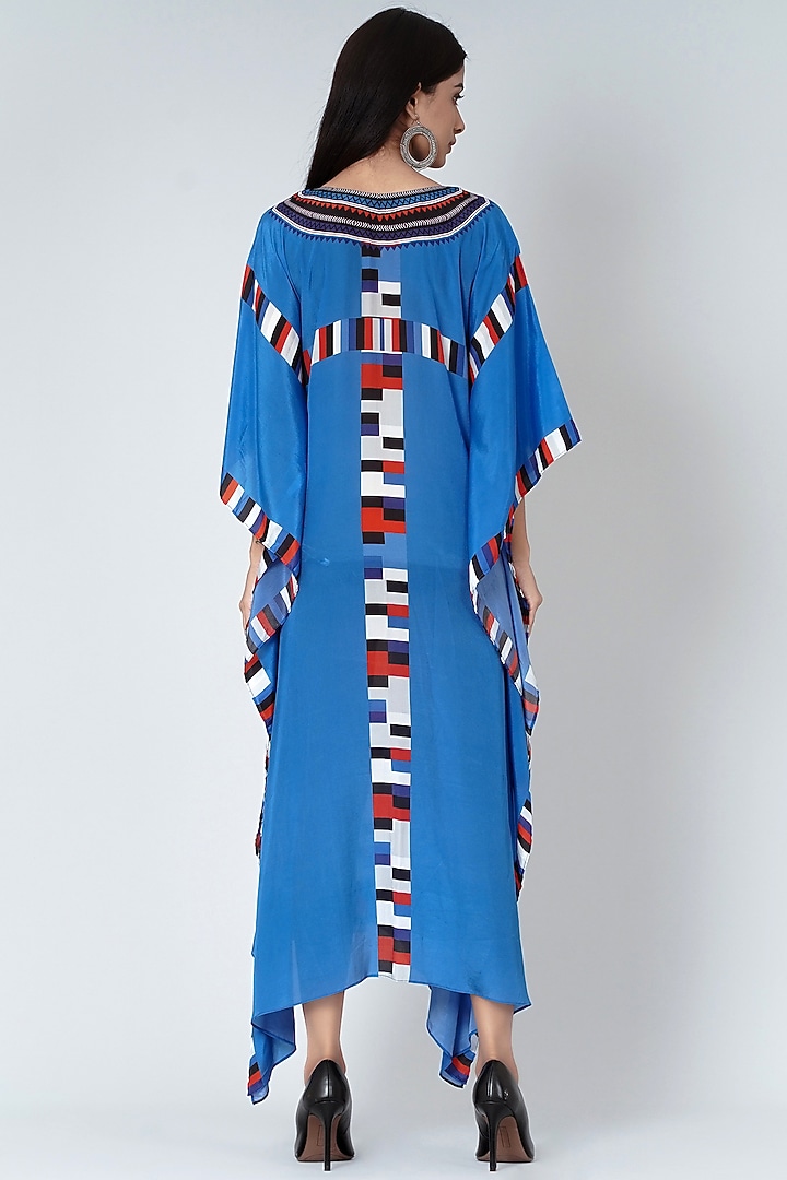 Sky Blue & Red Geometric Printed Kaftan by First Resort by Ramola Bachchan at Pernia's Pop Up Shop