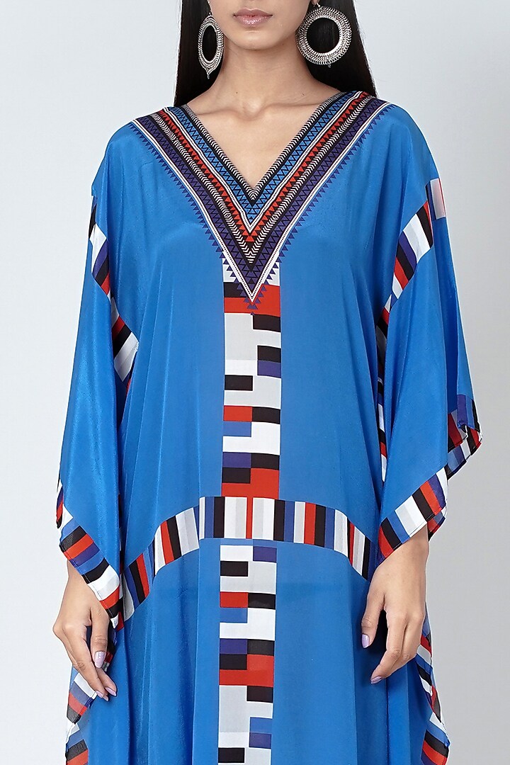 Sky Blue & Red Geometric Printed Kaftan by First Resort by Ramola Bachchan at Pernia's Pop Up Shop