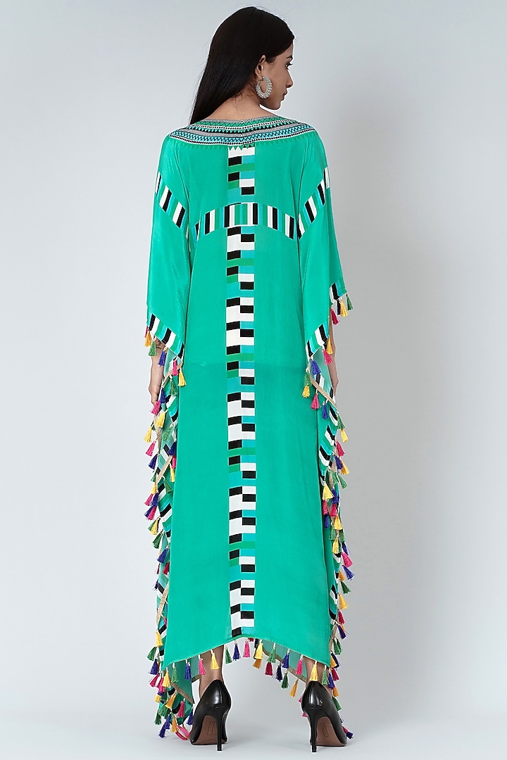 Turquoise & White Geometric Printed Kaftan by First Resort by Ramola Bachchan at Pernia's Pop Up Shop