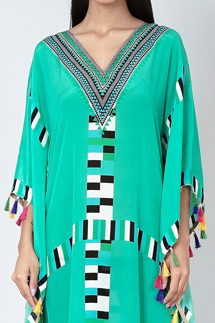 Turquoise & White Geometric Printed Kaftan by First Resort by Ramola Bachchan at Pernia's Pop Up Shop