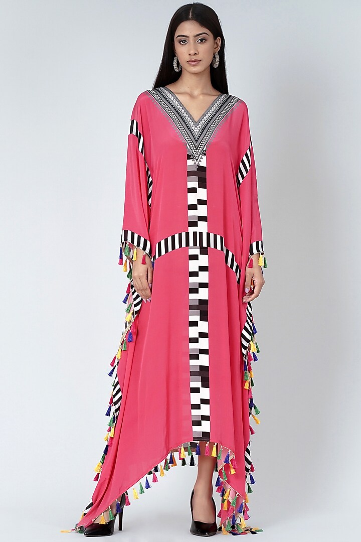 Pink & White Geometric Printed Kaftan by First Resort by Ramola Bachchan