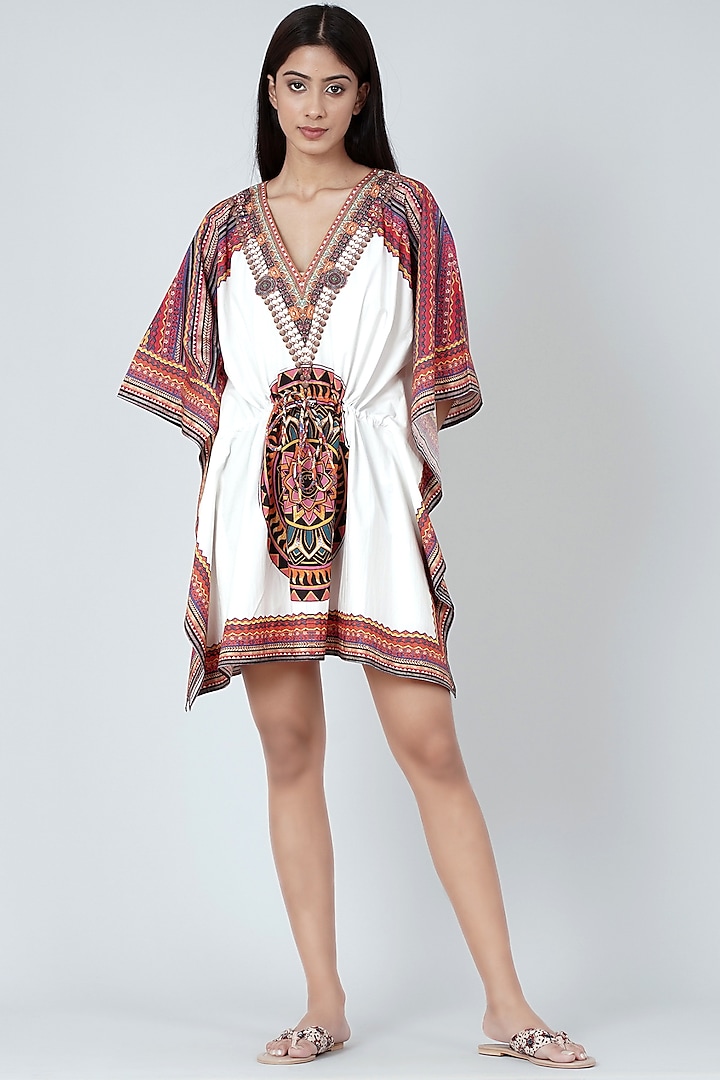 White & Red Tribal Printed Kaftan Top by First Resort by Ramola Bachchan