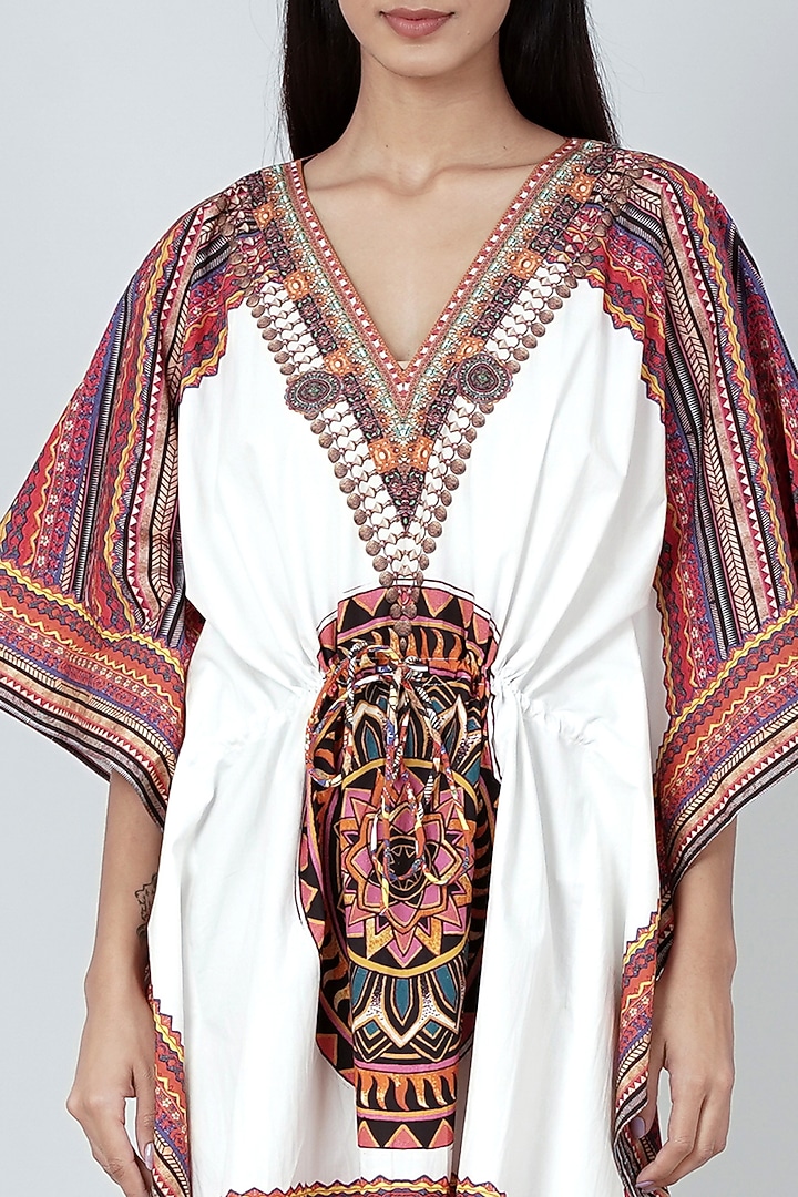 White & Red Tribal Printed Kaftan Top by First Resort by Ramola Bachchan at Pernia's Pop Up Shop