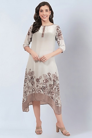 Beige & Grey Viscose Crepe Floral Printed Kaftan Dress by First Resort by Ramola Bachchan