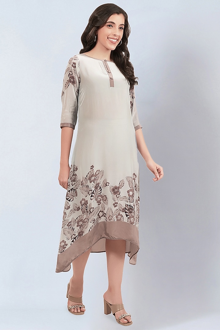 Beige & Grey Viscose Crepe Floral Printed Kaftan Summer Dress by First Resort by Ramola Bachchan at Pernia's Pop Up Shop