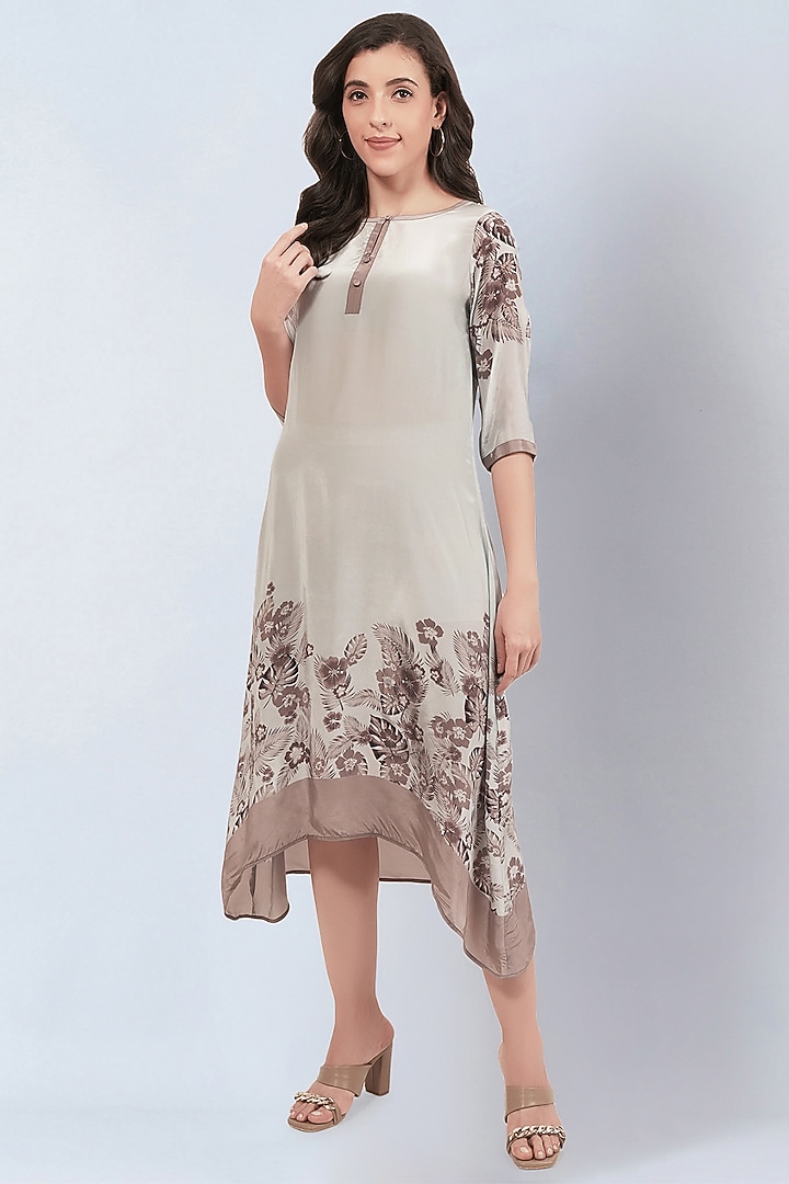 Beige & Grey Viscose Crepe Floral Printed Kaftan Summer Dress by First Resort by Ramola Bachchan at Pernia's Pop Up Shop