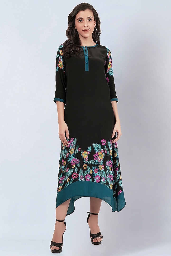 Black Viscose Crepe Floral Printed Kaftan Dress by First Resort by Ramola Bachchan