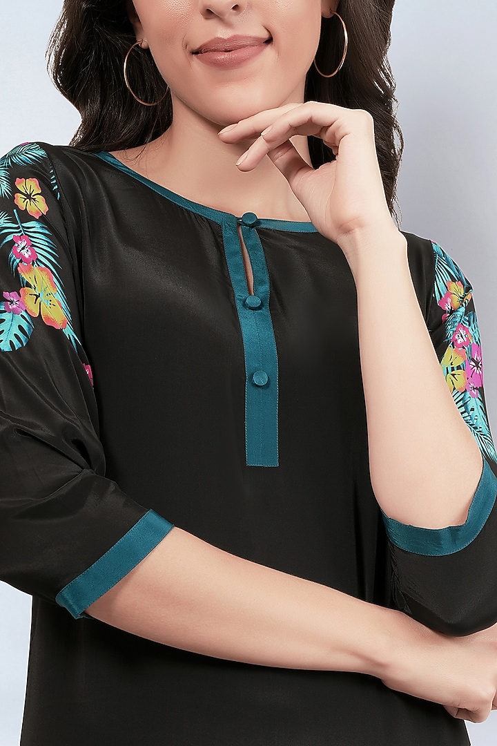 Black Viscose Crepe Floral Printed Kaftan Summer Dress by First Resort by Ramola Bachchan at Pernia's Pop Up Shop