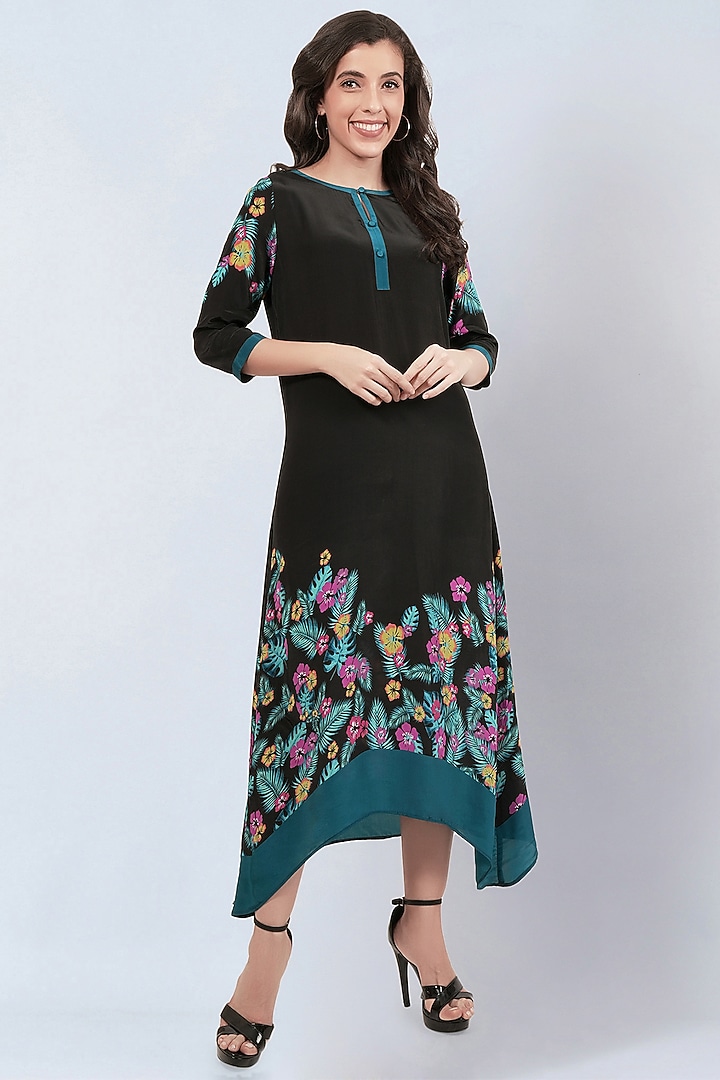 Black Viscose Crepe Floral Printed Kaftan Summer Dress by First Resort by Ramola Bachchan at Pernia's Pop Up Shop