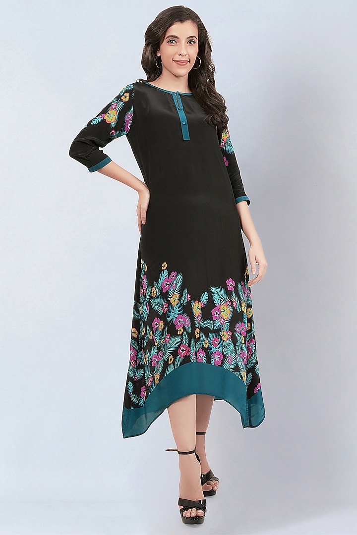 Black Viscose Crepe Floral Printed Kaftan Summer Dress by First Resort by Ramola Bachchan at Pernia's Pop Up Shop