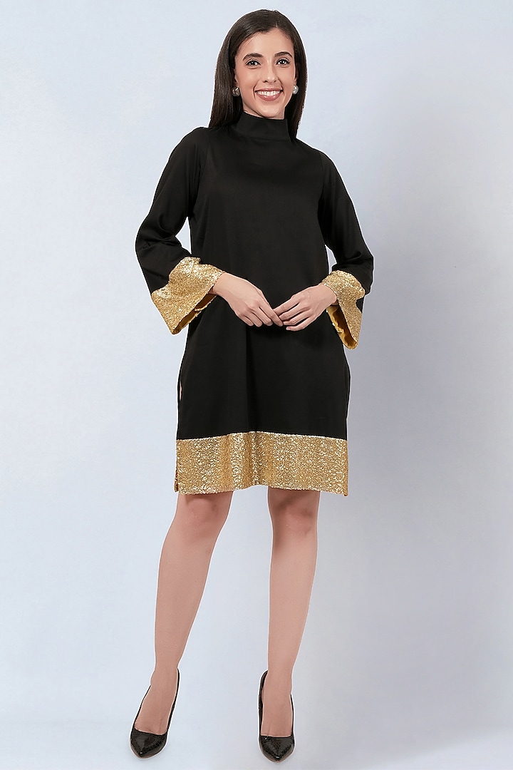 Black Cotton Satin Knee-Length Dress by First Resort by Ramola Bachchan