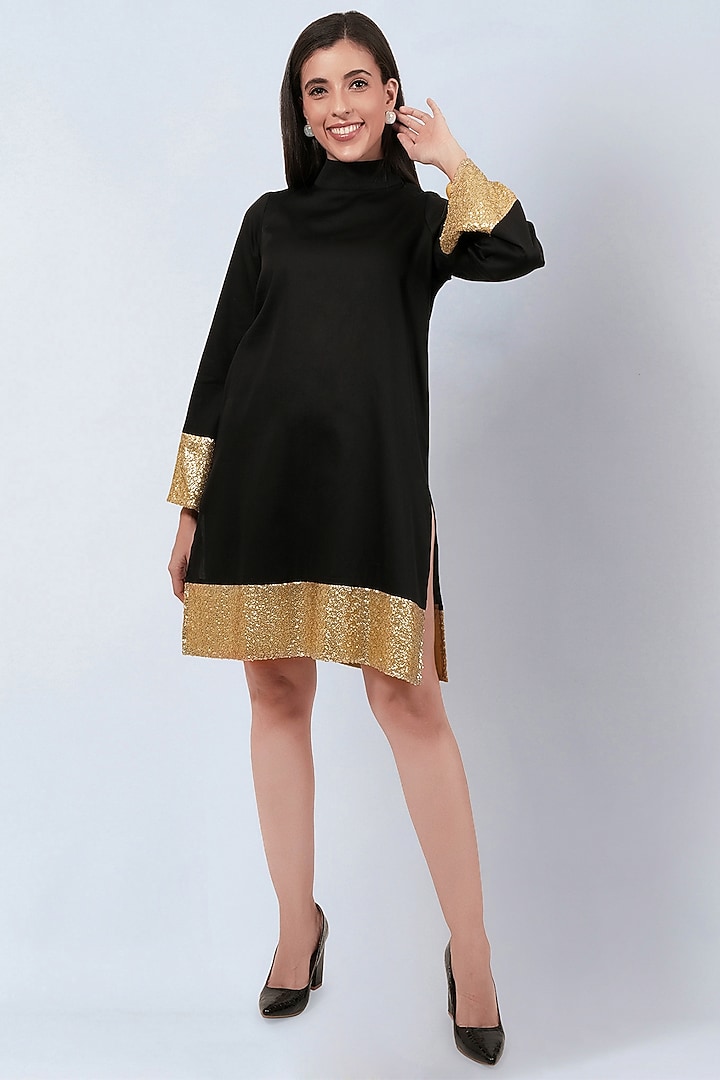 Black Cotton Satin Knee-Length Summer Dress by First Resort by Ramola Bachchan at Pernia's Pop Up Shop