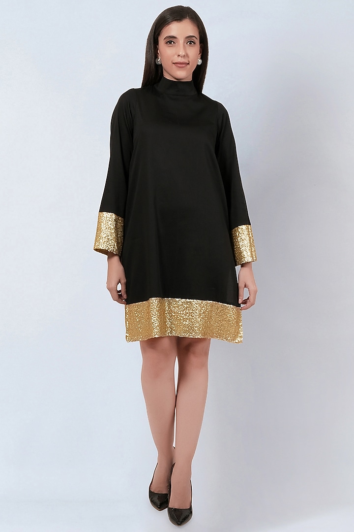 Black Cotton Satin Knee-Length Summer Dress by First Resort by Ramola Bachchan at Pernia's Pop Up Shop