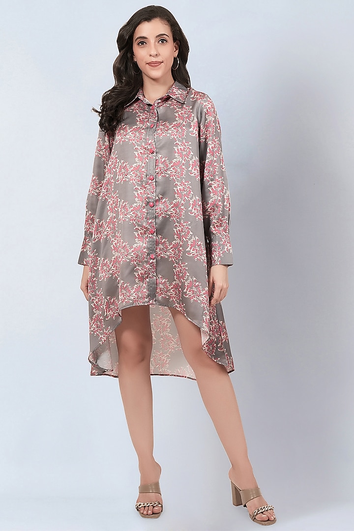 Grey & Pink Modal Satin Floral Printed High-Low Dress by First Resort by Ramola Bachchan