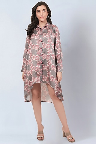 Grey & Pink Modal Satin Floral Printed High-Low Dress by First Resort by Ramola Bachchan