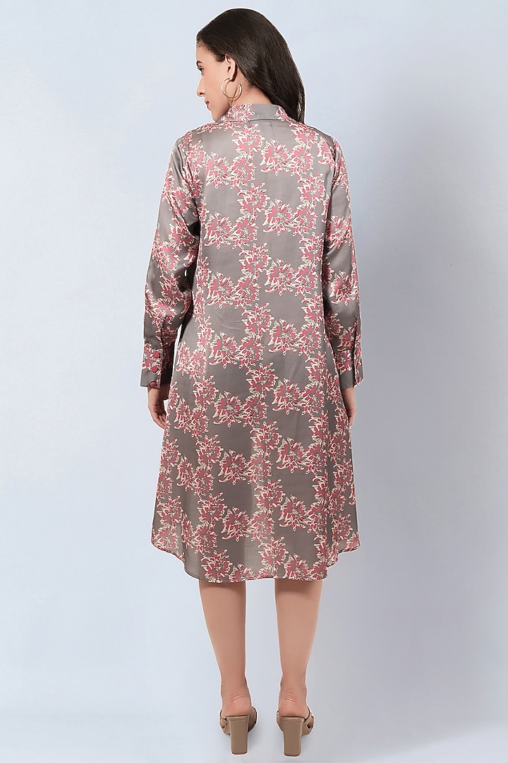 Grey & Pink Modal Satin Floral Printed High-Low Summer Dress by First Resort by Ramola Bachchan at Pernia's Pop Up Shop