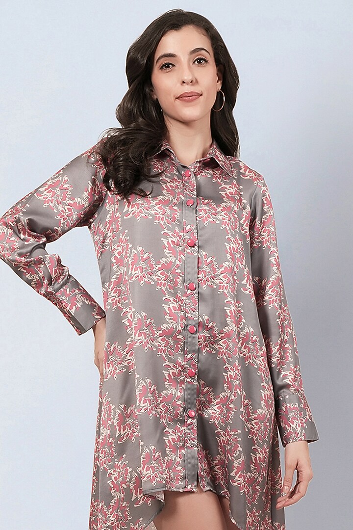 Grey & Pink Modal Satin Floral Printed High-Low Summer Dress by First Resort by Ramola Bachchan at Pernia's Pop Up Shop
