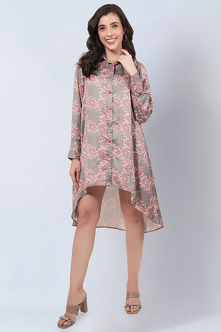 Grey & Pink Modal Satin Floral Printed High-Low Summer Dress by First Resort by Ramola Bachchan at Pernia's Pop Up Shop